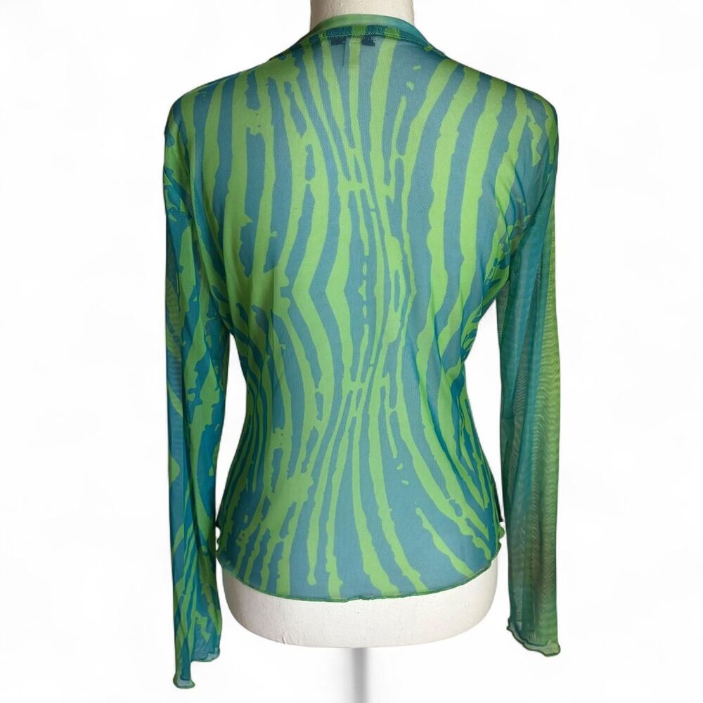 Y2K Style Another Girl Graphic Mesh Long Sleeve Top Blue Green Face Abstract - Picture 2 of 6
